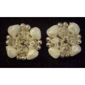 Vintage clip On  earrings Square Faux Pearl Clear And Silver Beads